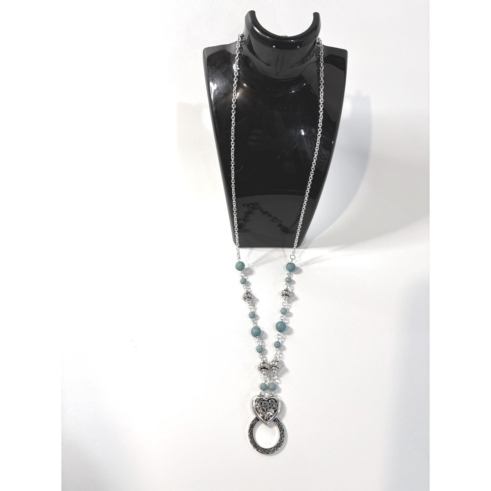 Western Turquoise Bead Heart Filigree Long Chain Necklace Silver Tone Boho 32in